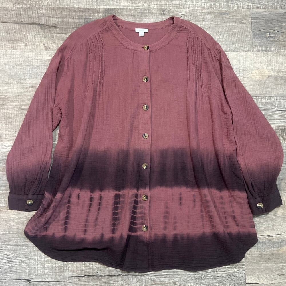 J Jill Pure Jill Cotton Gauze Tie Dye Ombre Button Up Long‎ Sleeve Pintuck Shirt